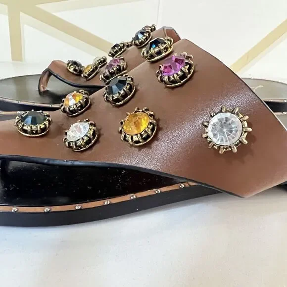 Lola Cruz Embellished Jeweled Brown Leather Flip Flops Sandals Size EU 37 US 7 - Picture 5 of 11